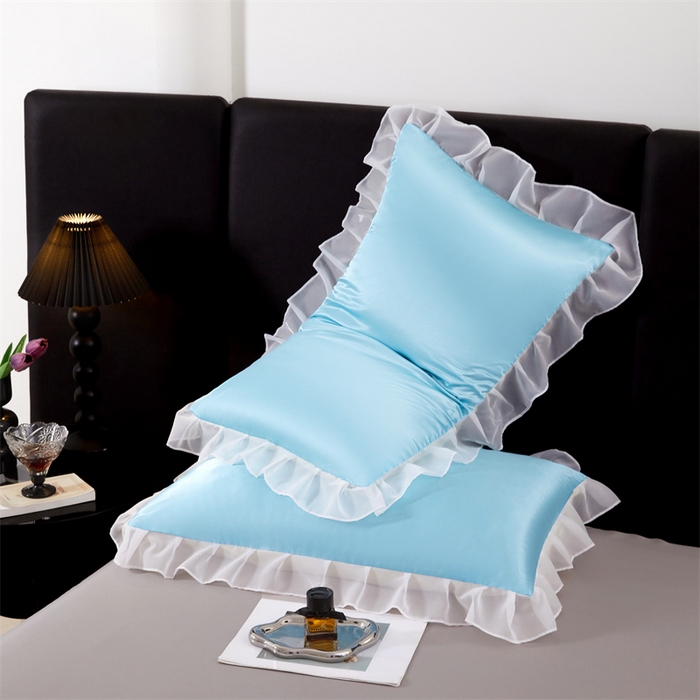 91家纺网 家纺一手货源 找家纺 梦舒羽 2025新款公主风夏季冰丝枕套单人一对装可水洗花边枕头套宿舍48x74cm枕芯套枕头套 花边款-天空蓝