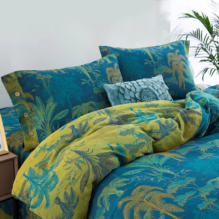 91家纺网 家纺一手货源 找家纺 双层纱家居 2025新款浅色系列双层纱四件套 奇幻丛林蓝