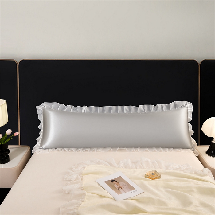 91家纺网 家纺一手货源 找家纺 梦舒羽 2025新款公主风夏季冰丝枕套双人情侣枕头套加长枕芯套1.5m内胆套 花边款-典雅灰