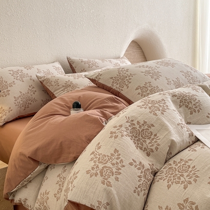 91家纺网 家纺一手货源 找家纺 寐眠2025新款全棉三层纱提花四件套 花影和诗