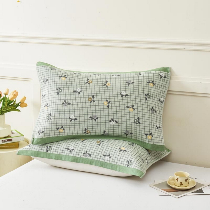 91家纺网 家纺一手货源 找家纺 2025新款纯棉加厚精梳棉纱布枕巾 花韵-浅绿 52*78cm/对