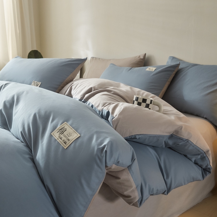 91家纺网 家纺一手货源 找家纺 莱通家纺 2025新款纯色双拼四件套 天空蓝+山灰