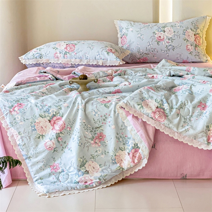 91家纺网 家纺一手货源 找家纺 2025新款全棉花边大豆夏被四件套 华庭庄园-蓝