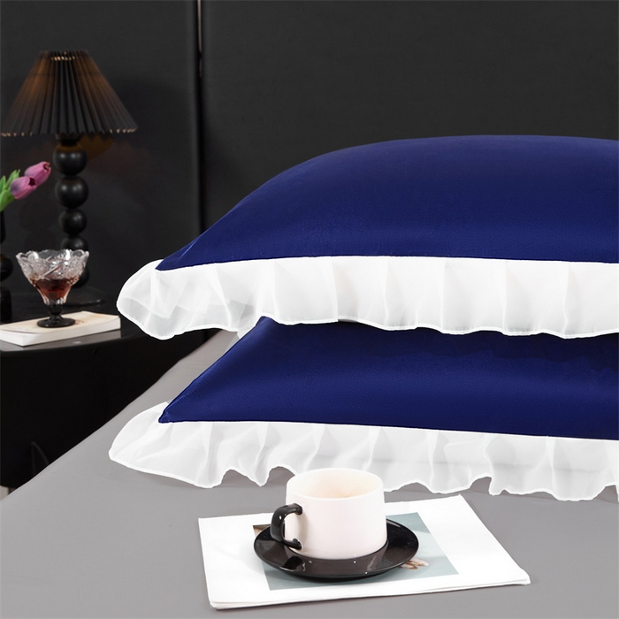 91家纺网 家纺一手货源 找家纺 梦舒羽 2025新款公主风夏季冰丝枕套单人一对装可水洗花边枕头套宿舍48x74cm枕芯套枕头套 花边款-深海蓝