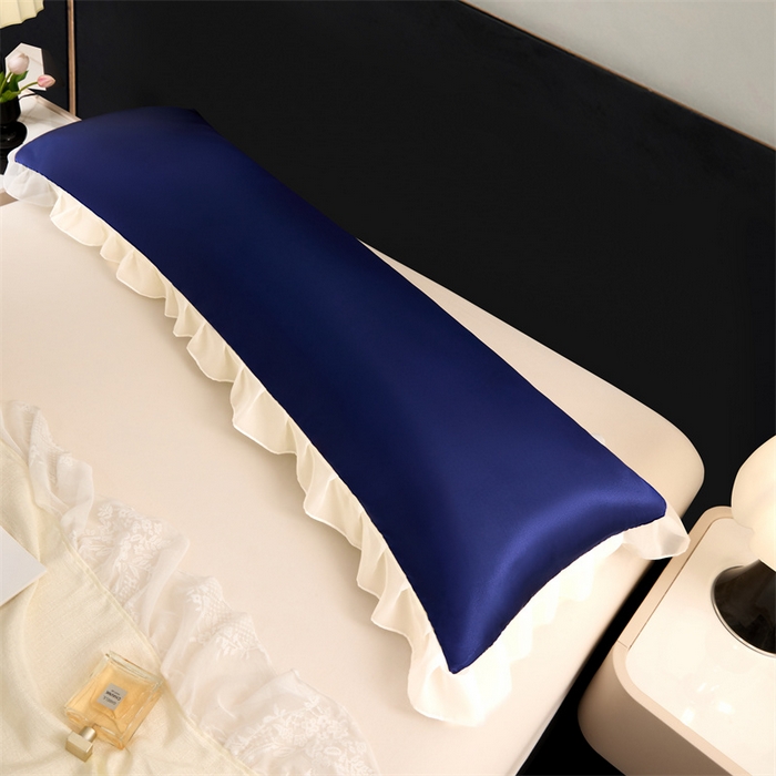 91家纺网 家纺一手货源 找家纺 梦舒羽 2025新款公主风夏季冰丝枕套双人情侣枕头套加长枕芯套1.5m内胆套 花边款-深海蓝