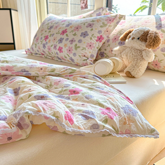 91家纺网 家纺一手货源 找家纺 创优  2025新款有氧双层纱小清新印花小花边夏被夏凉被可机洗空调被子被芯 满心欢喜