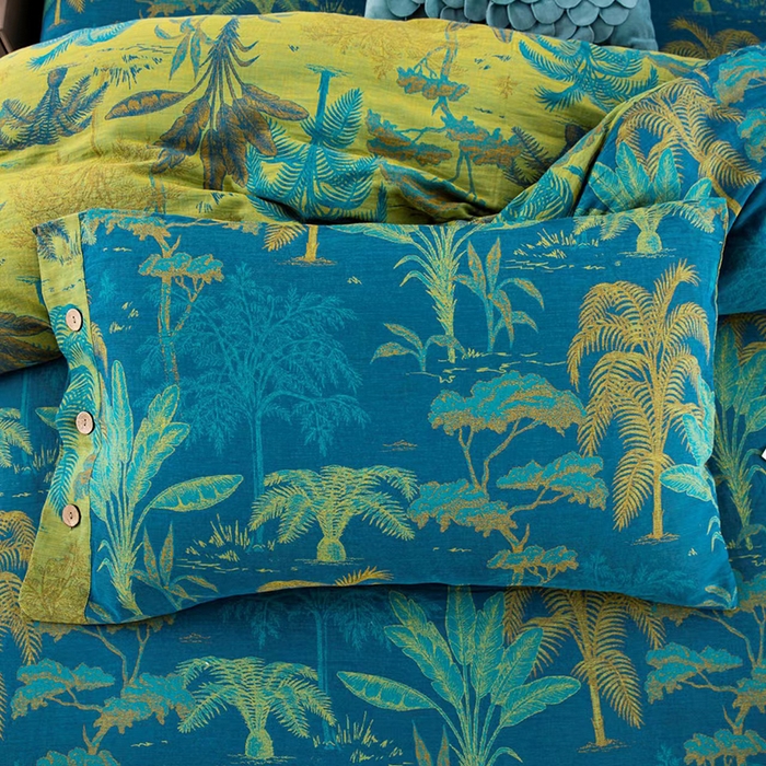 91家纺网 家纺一手货源 找家纺 双层纱家居 2025新款浅色系列双层纱四件套 奇幻丛林蓝