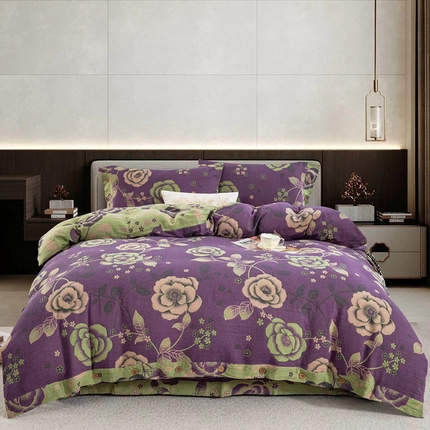 双层纱家居 2025新款深色系列双层纱四件套 幸福花开紫