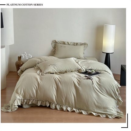 名品优仓 2025新款纯棉水洗棉双层纱提花手工花韩版花边四件套 思颍-青瓷绿