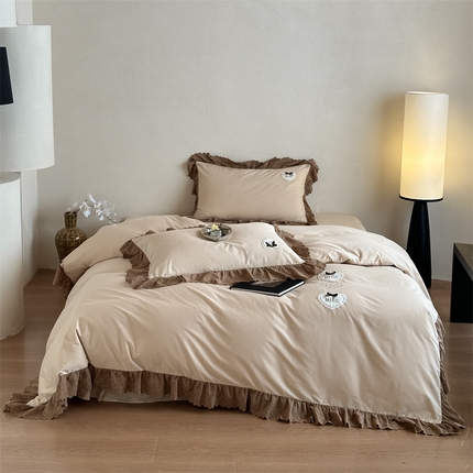 名品优仓 2025新款纯棉水洗棉棉韩版花边绣花 纱提花四件套 心动-卡其