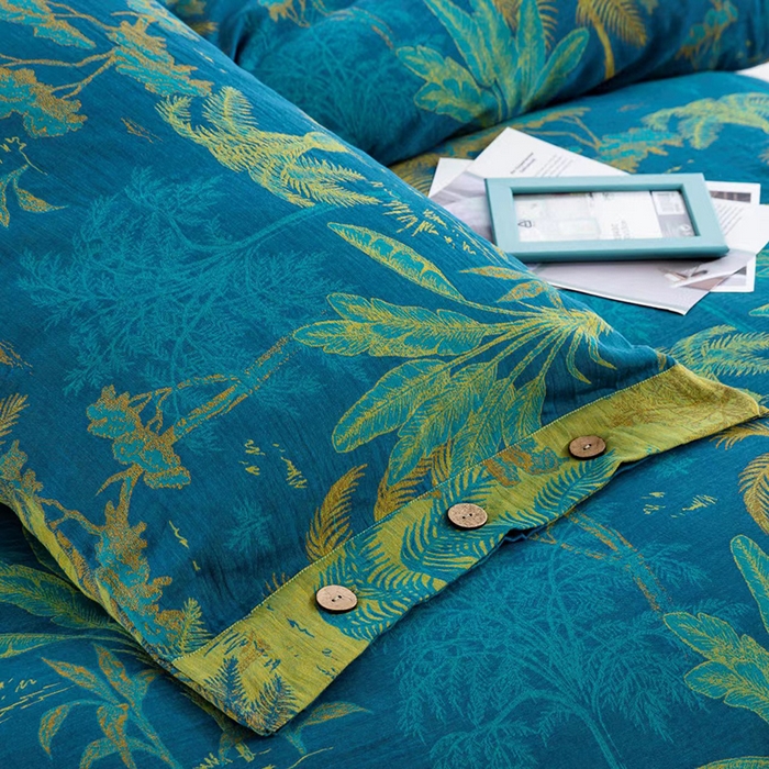 91家纺网 家纺一手货源 找家纺 双层纱家居 2025新款浅色系列双层纱四件套 奇幻丛林蓝