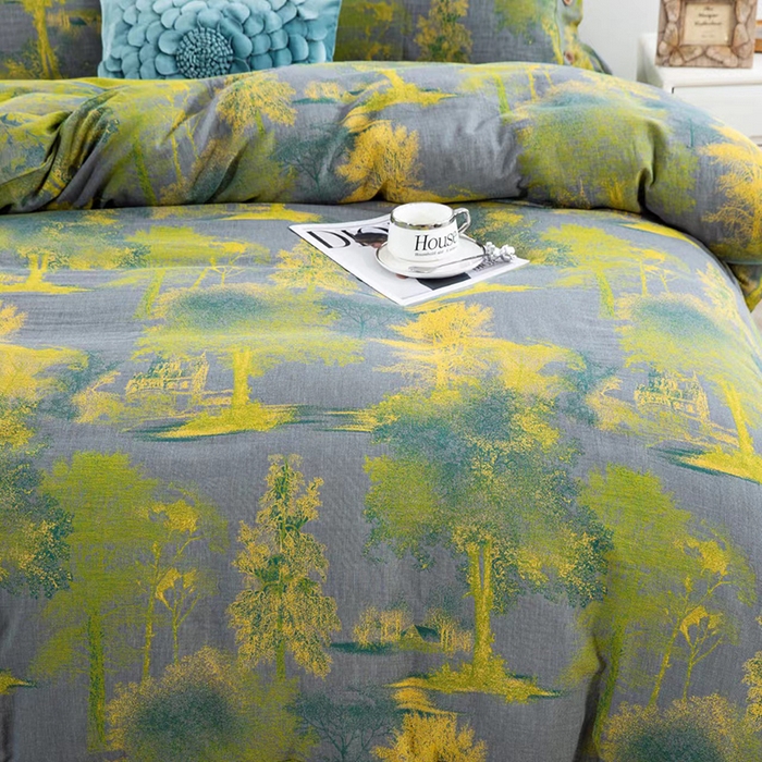 91家纺网 家纺一手货源 找家纺 双层纱家居 2025新款浅色系列双层纱四件套 漫步森林-灰