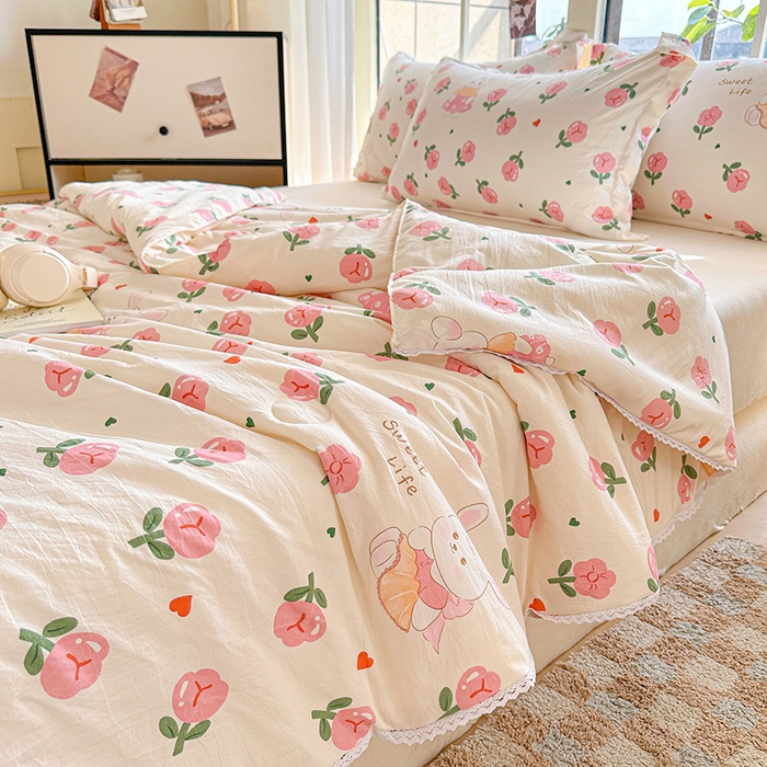 91家纺网 家纺一手货源 找家纺 创优  2025新款有氧双层纱小清新印花小花边夏被夏凉被可机洗空调被子被芯 曼塔玫瑰