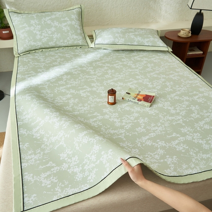 91家纺网 家纺一手货源 找家纺 晨曦2025春夏新款凉感丝轻奢风印花凉席床席三件套 素韵-雅绿