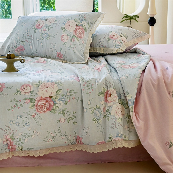 91家纺网 家纺一手货源 找家纺 2025新款全棉花边大豆夏被四件套 华庭庄园-蓝