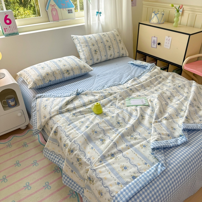 91家纺网 家纺一手货源 找家纺 曼之夏 2025新款全棉印花夏被四件套 蓝铃