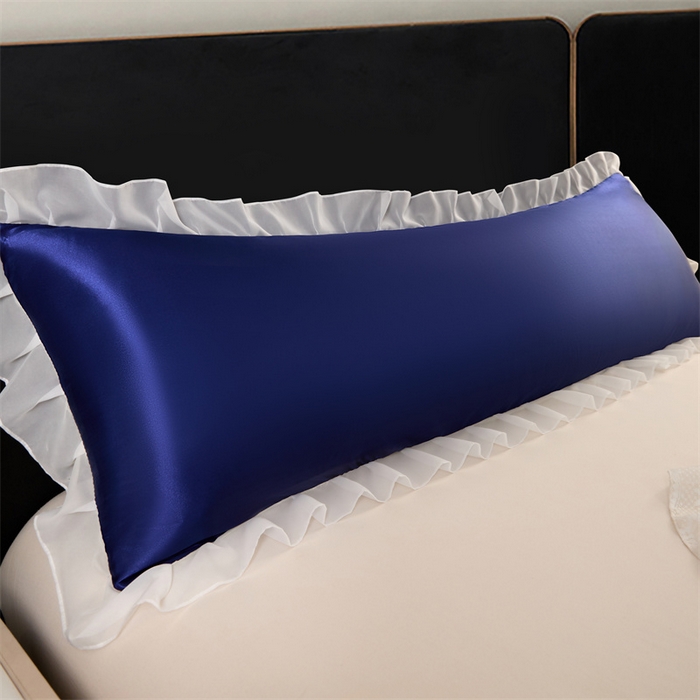 91家纺网 家纺一手货源 找家纺 梦舒羽 2025新款公主风夏季冰丝枕套双人情侣枕头套加长枕芯套1.5m内胆套 花边款-深海蓝