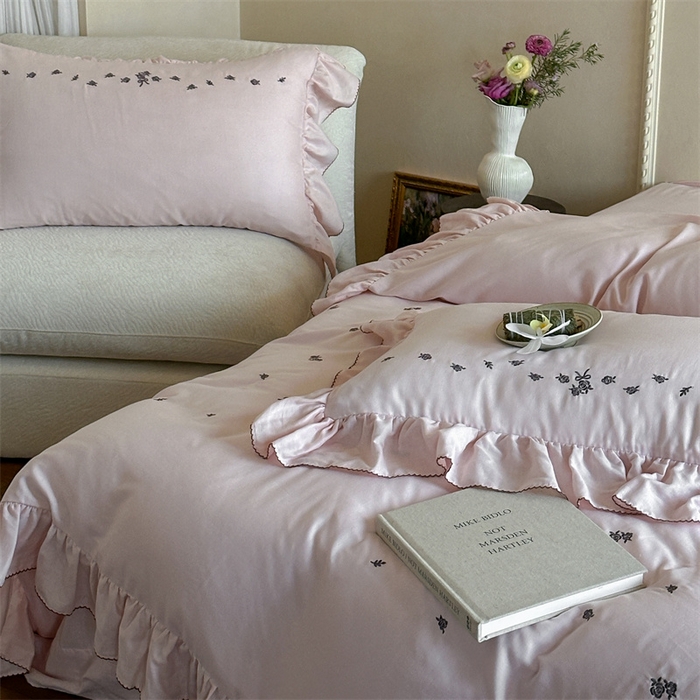 91家纺网 家纺一手货源 找家纺 （总）名品优仓 2025新款纯棉水洗棉双层纱提花韩版花边四件套 玫瑰故事