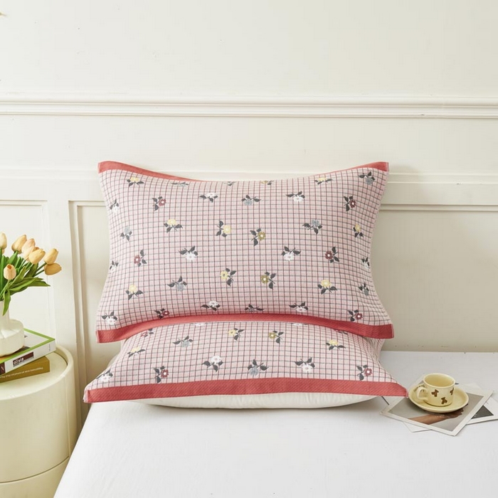 91家纺网 家纺一手货源 找家纺 2025新款纯棉加厚精梳棉纱布枕巾 花韵-粉 52*78cm/对