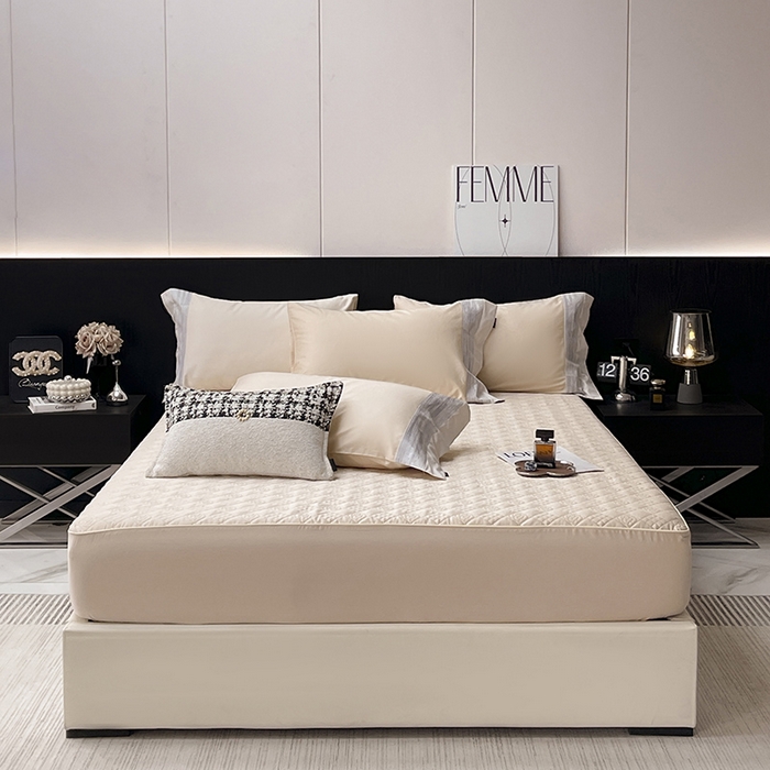 91家纺网 家纺一手货源 找家纺 春夏A类长绒棉夹棉床盖床笠四件套全棉纯棉纯色绗绣四季款保护罩高级感床上用品 瑾雅-束缦杏