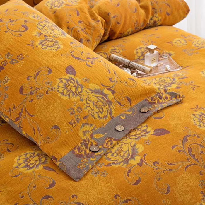 91家纺网 家纺一手货源 找家纺 双层纱家居 2025新款浅色系列双层纱四件套 陌上花开黄