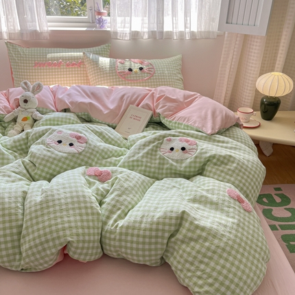  2025新款水洗棉猫咪毛巾绣四件套 小绿格喵咪