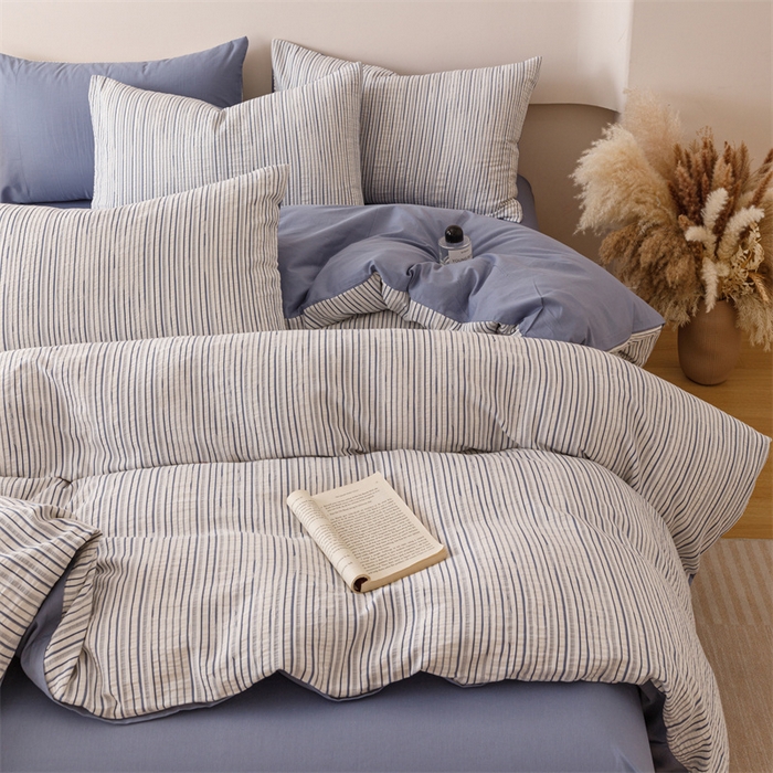 91家纺网 家纺一手货源 找家纺 忆生活家纺 2025新款全棉三层纱色织大提花条纹款四件套 初恋-宝石蓝