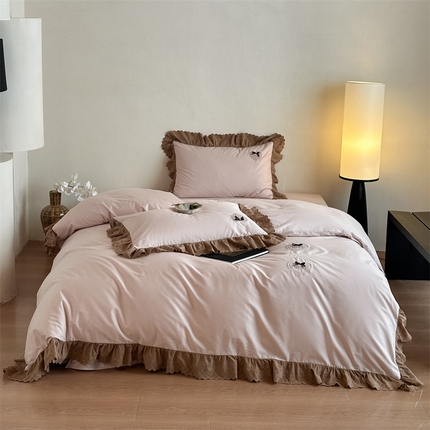 名品优仓 2025新款纯棉水洗棉棉韩版花边绣花 纱提花四件套 心动-蜜糖粉