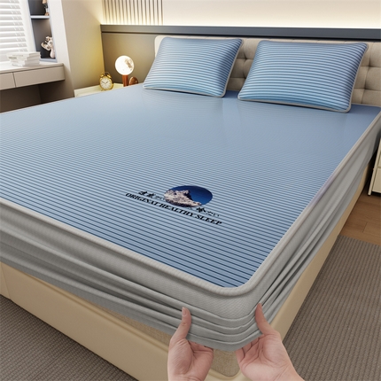 91家纺网 家纺一手货源 找家纺 乐坊 2025新款5A抗菌A类冰丝凉席-条纹款 条纹床笠-蓝色