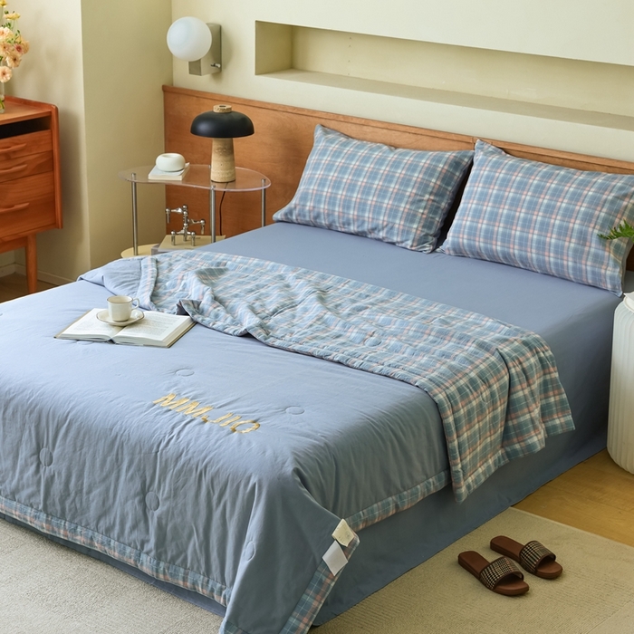 91家纺网 家纺一手货源 找家纺 寐眠2025新款全棉水洗棉刺绣夏被【夏被四件套】 冰川苍蓝