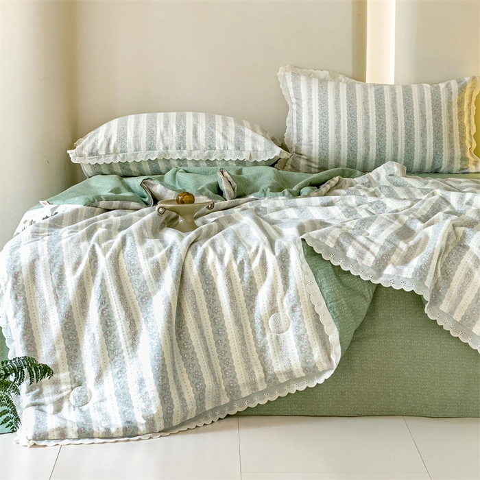 91家纺网 家纺一手货源 找家纺 2025新款全棉花边大豆夏被四件套 半岛茶歇-绿