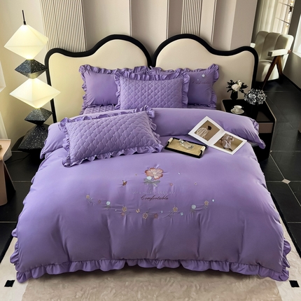 91家纺网 家纺一手货源 找家纺 （总）2025新款韩版刺绣花边夹棉床盖蕾丝边四件套