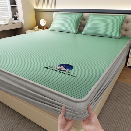 91家纺网 家纺一手货源 找家纺 乐坊 2025新款5A抗菌A类冰丝凉席-条纹款 条纹床笠-绿色