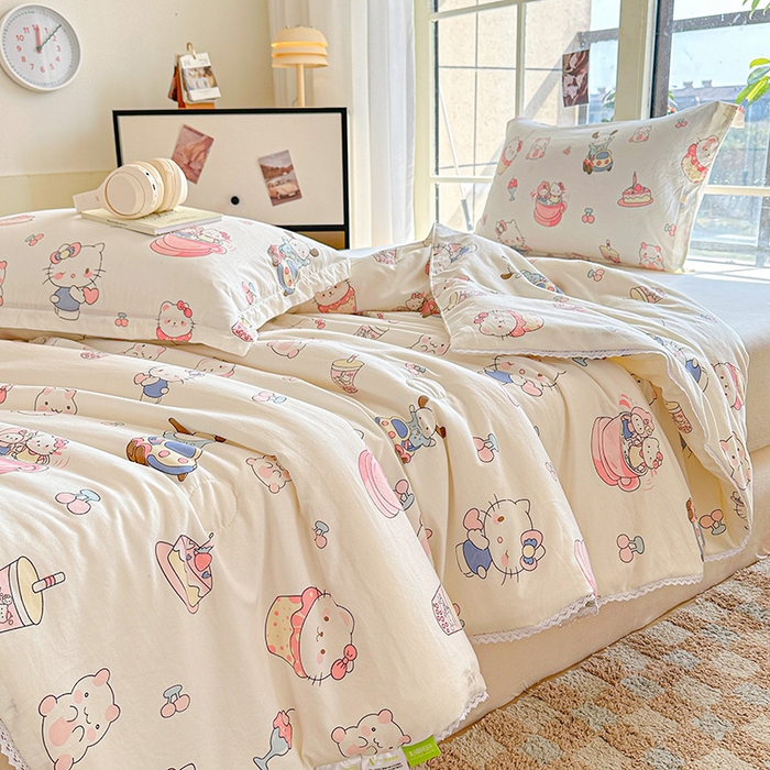 91家纺网 家纺一手货源 找家纺 创优  2025新款有氧双层纱小清新印花小花边夏被夏凉被可机洗空调被子被芯 奶猫