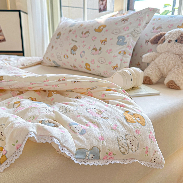 91家纺网 家纺一手货源 找家纺 创优  2025新款有氧双层纱小清新印花小花边夏被夏凉被可机洗空调被子被芯 童趣绘彩