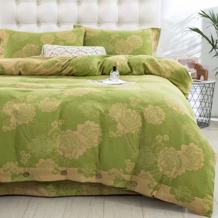 91家纺网 家纺一手货源 找家纺 双层纱家居 2025新款深色系列双层纱四件套 国色天香绿