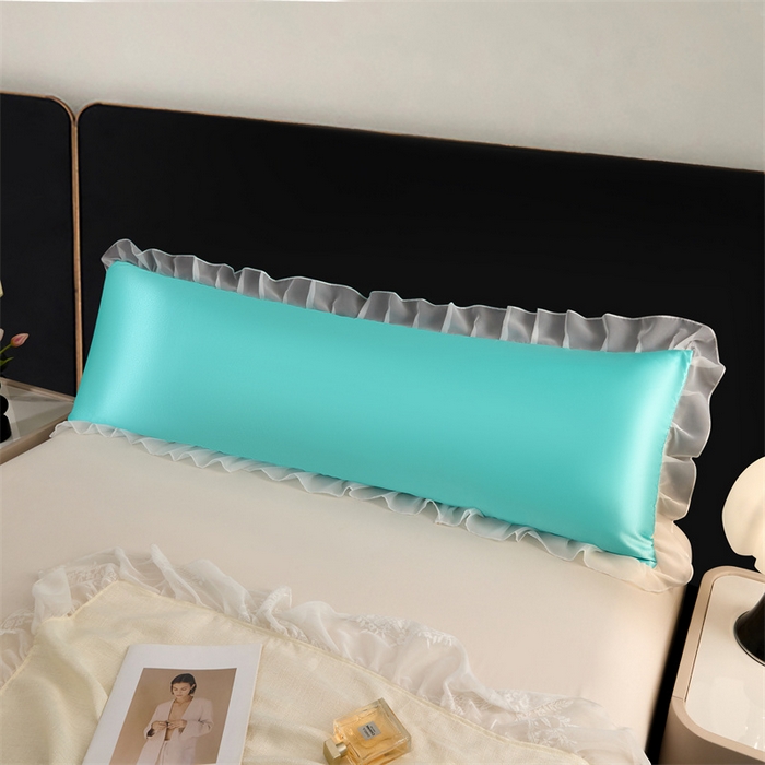 91家纺网 家纺一手货源 找家纺 梦舒羽 2025新款公主风夏季冰丝枕套双人情侣枕头套加长枕芯套1.5m内胆套 花边款-水蓝色