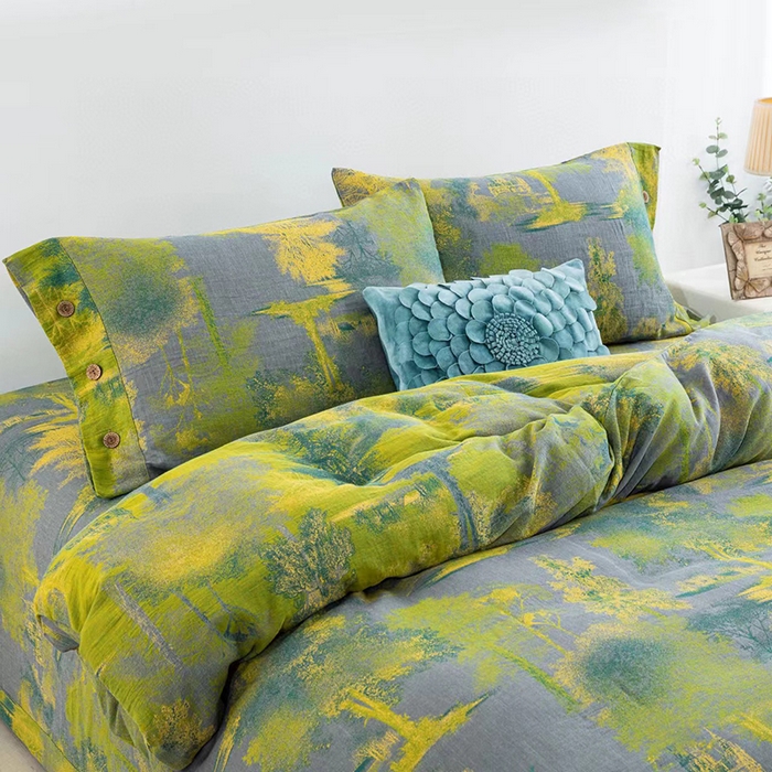 91家纺网 家纺一手货源 找家纺 双层纱家居 2025新款浅色系列双层纱四件套 漫步森林-灰