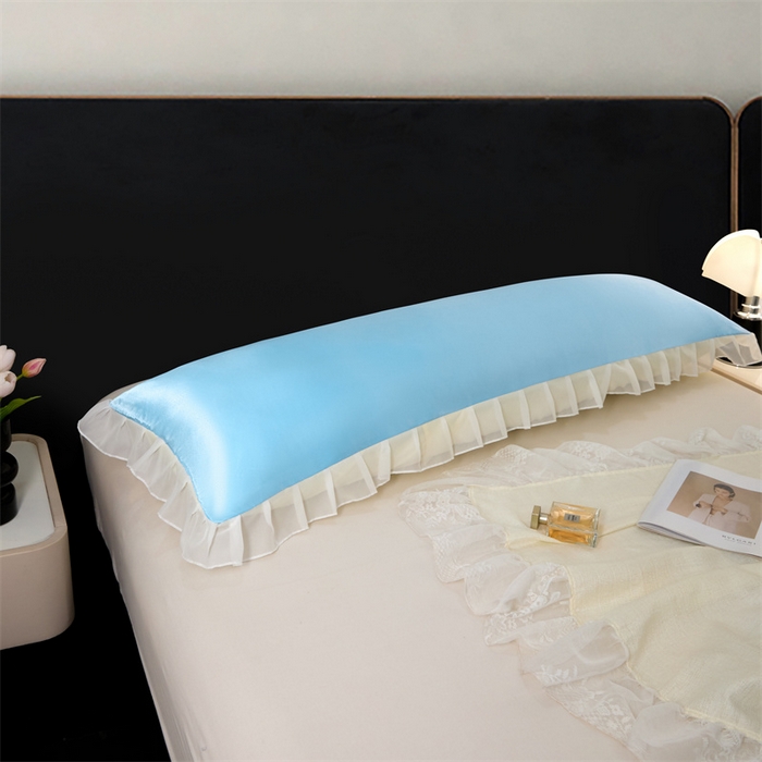 91家纺网 家纺一手货源 找家纺 梦舒羽 2025新款公主风夏季冰丝枕套双人情侣枕头套加长枕芯套1.5m内胆套 花边款-天空蓝