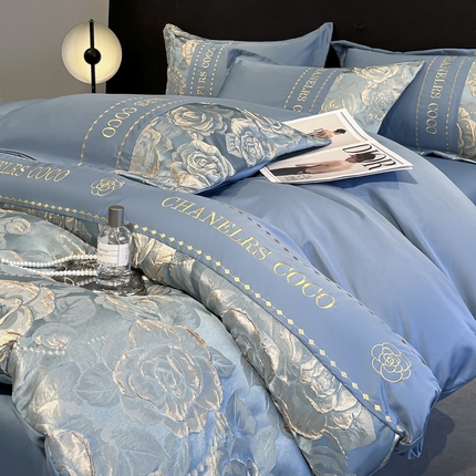 金阳光家纺 2025新款金丝提花浮雕水洗天丝四件套 花絮-蓝