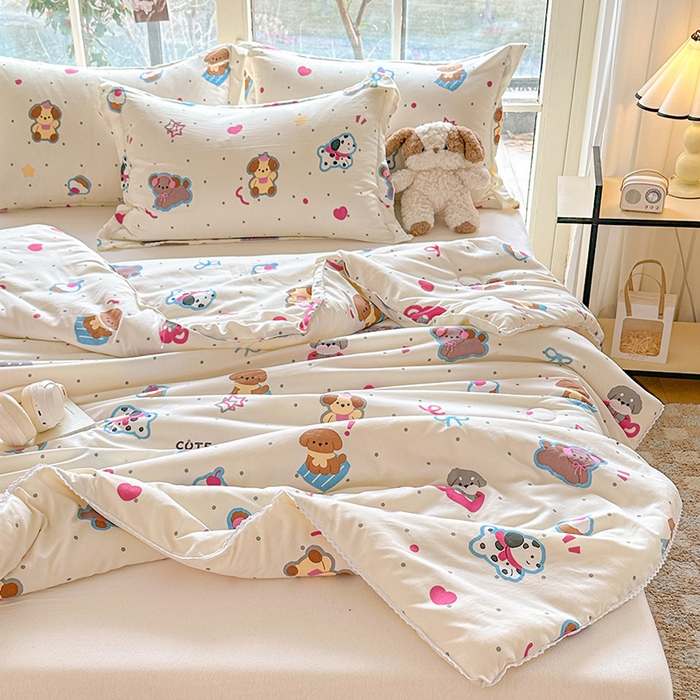 91家纺网 家纺一手货源 找家纺 创优  2025新款有氧双层纱小清新印花小花边夏被夏凉被可机洗空调被子被芯 多彩小汪