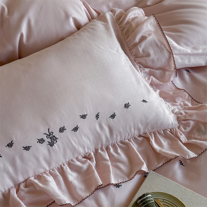 91家纺网 家纺一手货源 找家纺 （总）名品优仓 2025新款纯棉水洗棉双层纱提花韩版花边四件套 玫瑰故事