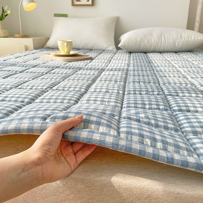 91家纺网 家纺一手货源 找家纺 丽诺 2024新款全棉色织棉花床护垫 全棉色织水洗棉-蓝小格