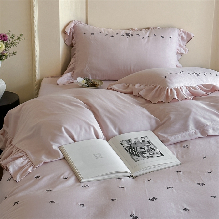 91家纺网 家纺一手货源 找家纺 （总）名品优仓 2025新款纯棉水洗棉双层纱提花韩版花边四件套 玫瑰故事