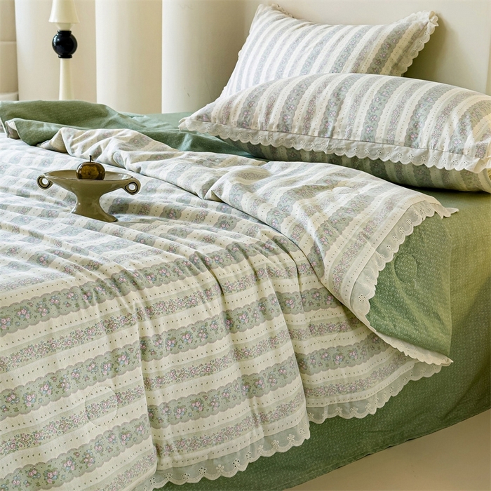 91家纺网 家纺一手货源 找家纺 2025新款全棉花边大豆夏被四件套 半岛茶歇-绿