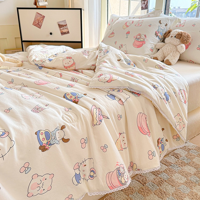 91家纺网 家纺一手货源 找家纺 创优  2025新款有氧双层纱小清新印花小花边夏被夏凉被可机洗空调被子被芯 奶猫