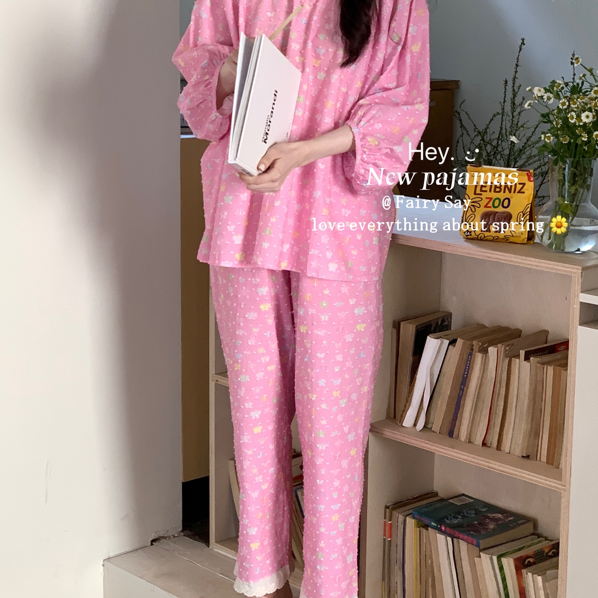 91家纺网 家纺一手货源 找家纺 2025新款全棉纯棉彩色蝴蝶剪花睡衣套装 粉色