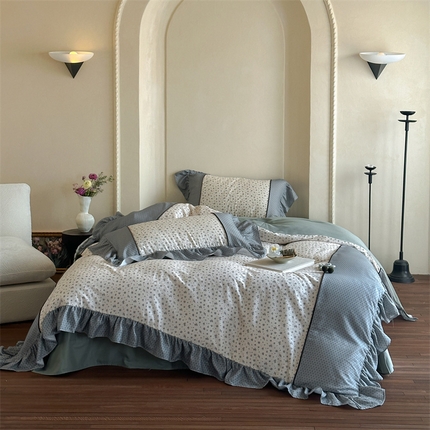 91家纺网 家纺一手货源 找家纺 名品优仓 2025新款纯棉水洗棉双层纱提花韩版花边四件套 旧梦一咖