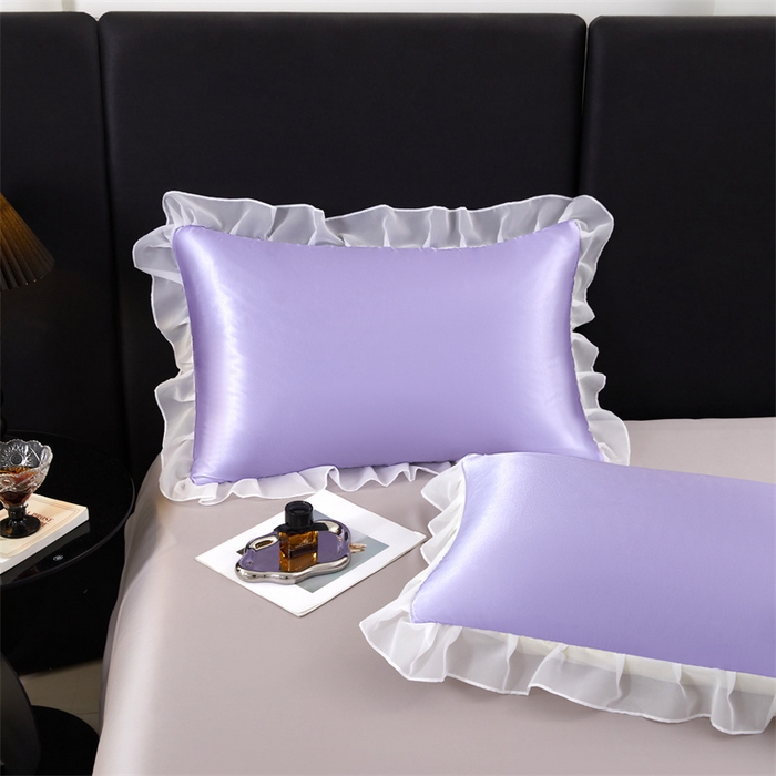 91家纺网 家纺一手货源 找家纺 梦舒羽 2025新款公主风夏季冰丝枕套单人一对装可水洗花边枕头套宿舍48x74cm枕芯套枕头套 花边款-雪青色