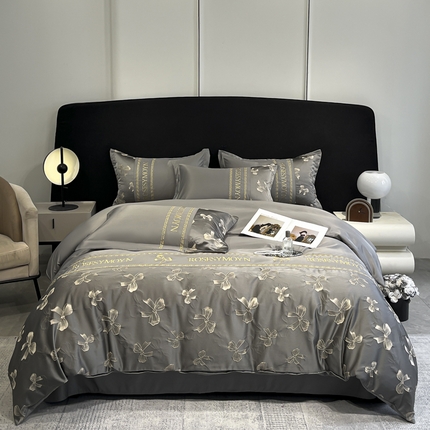 91家纺网 家纺一手货源 找家纺 金阳光家纺 2025新款金丝提花浮雕水洗天丝四件套 情结-灰